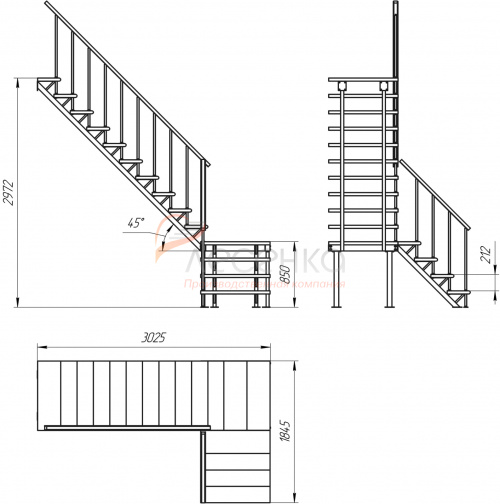 Комбинированная межэтажная лестница ЛЕС-05-3 (поворот 90°, h 3 м) - фото 2